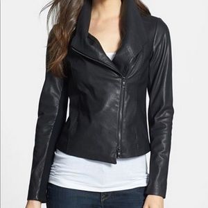 VINCE. Black Leather Scuba Jacket With Side Panels